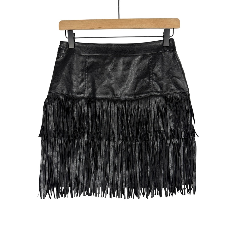 Altar'd State Mini Skirt Women S Black Faux Leather Fringe Western Going Out
